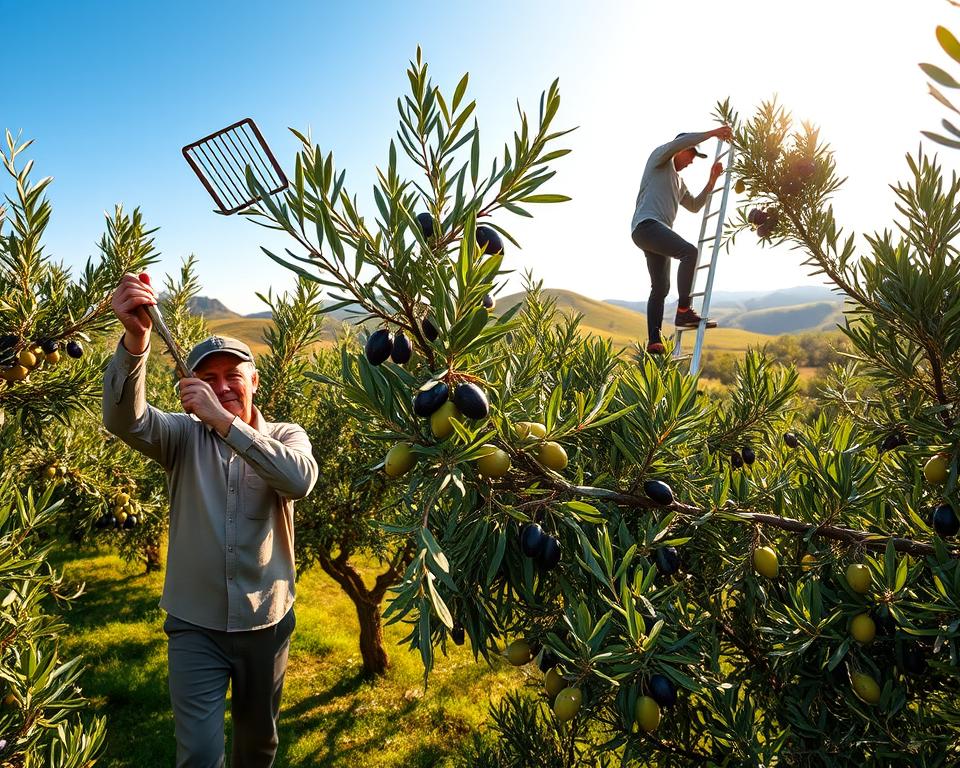 A lush olive grove under a clear blue sky, with ripe olives ready for harvest. In the foreground, a skilled farmer in modest casual clothing uses a hand rake tool, strategically gathering olives from a tree branch. The middle section showcases another farmer on a gentle ladder, carefully inspecting and picking olives, surrounded by green leaves and bright fruit. In the background, rolling hills dotted with more olive trees extend towards the horizon, bathed in warm afternoon sunlight. The atmosphere is tranquil yet vibrant, capturing the essence of a productive harvest day. The lighting emphasizes the rich greens and deep purples of the olives, creating a warm and inviting mood ideal for illustrating effective harvesting techniques in the fields.
