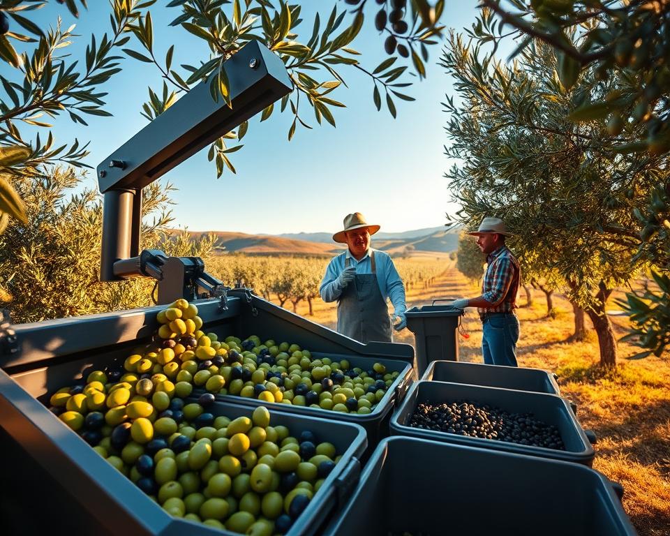 A modern olive harvesting scene showcasing advanced technology in use. In the foreground, a high-tech olive harvesting machine fitted with gentle shaking arms efficiently loosens ripe olives from trees, with bright green and dark purple olives cascading into collection bins. In the middle ground, workers dressed in professional agricultural attire, including sun hats and gloves, carefully inspect the machine's operation, ensuring quality. The background features a picturesque olive grove bathed in golden afternoon sunlight, casting soft shadows on the ground. The scene is vibrant and lively, with a clear blue sky and hints of distant rolling hills, conveying a sense of innovation and dedication to the artisanal craft of olive picking. The image is composed with a slightly low-angle view, adding depth and emphasizing the machinery's sophistication within the serene landscape.
