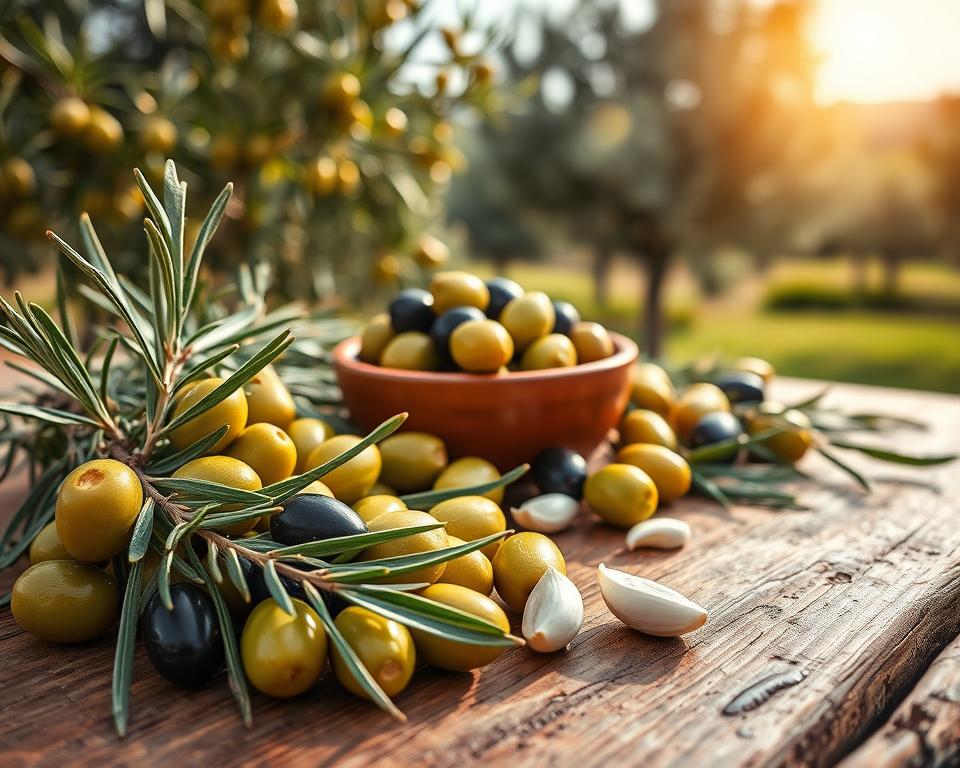 A picturesque display of Spanish olives arranged artistically on a rustic wooden table, showcasing a variety of colors and textures. The foreground features a close-up of vibrant green and deep black olives, glistening with a light sheen of olive oil, while sprigs of rosemary and garlic cloves add fresh accents. In the middle, a ceramic bowl filled with olives sits alongside a few sliced olives, emphasizing their juicy, succulent nature. The background displays a sunny Mediterranean landscape with olive trees gently swaying in a light breeze, under a warm, golden light reminiscent of a late afternoon sun. Capture the scene with a shallow depth of field to emphasize the foreground, evoking a mood of wellness and vitality, suggesting the health benefits associated with consuming these nutritious fruits.