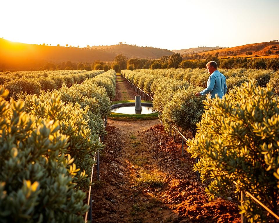 A picturesque landscape of an olive grove during the golden hour, showcasing optimal irrigation methods. In the foreground, meticulously arranged rows of lush olive trees, their silvery-green leaves shimmering in the warm sunlight. A network of efficient drip irrigation lines gently waters the roots, with droplets glistening against the soil. In the middle ground, a small, serene pond reflects the sky, surrounded by healthy, thriving plants. A farmer, dressed in modest casual clothing, inspects the irrigation system, demonstrating care and expertise in managing the grove. The background features rolling hills dotted with more olive trees, creating depth and a sense of tranquility. Soft, warm lighting enhances the inviting atmosphere, evoking a mood of agricultural harmony and sustainable practices.