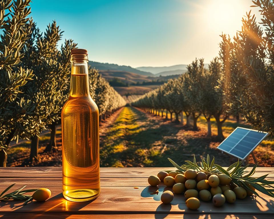 A picturesque olive grove bathed in golden sunlight during the golden hour, showcasing rows of lush olive trees with silvery leaves. In the foreground, a glass bottle of high-quality PDO olive oil glistens, with drizzles capturing the light, surrounded by fresh olives scattered on a rustic wooden table. In the middle, a sustainable farming setup includes organic farming practices, with compost bins and solar panels subtly integrated among the trees, emphasizing ecological harmony. In the background, rolling hills and a clear blue sky set a serene landscape mood. The ambiance conveys a sense of authenticity and purity, highlighting the connection between traditional olive oil production and sustainable practices. Use soft, natural lighting to enhance the warm, inviting atmosphere.
