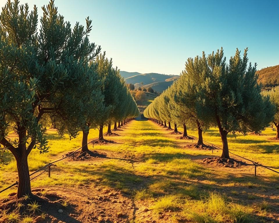 A picturesque olive grove bathed in warm, golden sunlight, showcasing healthy, thriving olive trees with lush, green foliage. In the foreground, a gentle, well-structured irrigation system is visible, with drip lines and small sprinklers positioned meticulously at the base of each tree, watering the soil efficiently. The middle ground reveals rows of vibrant olive trees, their branches weighted with ripe olives, creating a sense of abundance. In the background, rolling hills under a clear blue sky enhance the peaceful atmosphere. Soft shadows cast by the trees suggest a serene, warm day. Capture this scene with a wide-angle lens to encompass the full expanse of the grove and showcase the harmonious relationship between irrigation and olive yield, evoking a sense of growth and prosperity.