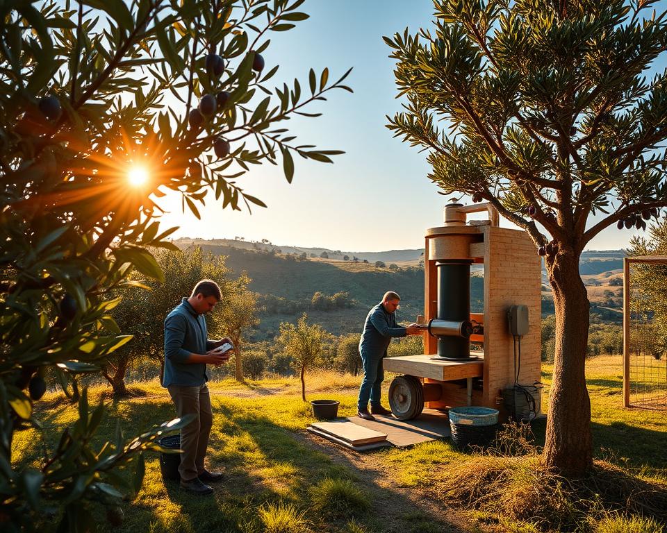 A picturesque scene of sustainable olive oil production, featuring a lush olive grove in the foreground with gnarled olive trees bearing ripe olives. Workers in modest, professional attire carefully hand-harvesting olives, emphasizing the artisanal aspect of the process. In the middle background, a modern, eco-friendly olive oil press, crafted from natural materials, is being operated, showcasing advanced yet sustainable technology. Golden sunlight filters through the trees, casting a warm, inviting glow over the scene, enhancing the rich green of leaves and the deep purple of the olives. The background includes rolling hills dotted with more olive trees under a clear blue sky, creating a serene and hopeful atmosphere that reflects the theme of sustainability and a greener future.