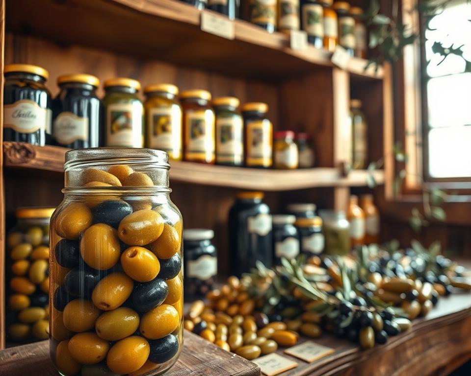 A rustic olive storage scene, showcasing a well-organized wooden shelf filled with jars of olives in a variety of colors and sizes. In the foreground, a glass jar of green and black olives sits open, revealing glossy, plump fruits. In the middle, the shelves are adorned with labels, showcasing the types of olives, arranged artistically. Soft, warm, natural lighting filters through a nearby window, illuminating the rich, textured wood of the shelves and casting gentle shadows. In the background, subtle hints of olive branches and leaves add a natural touch, creating a tranquil atmosphere. The focus is sharp on the olives, while the background is slightly blurred to enhance the depth. The overall mood is inviting and fresh, emphasizing the quality and variety of olives in storage.