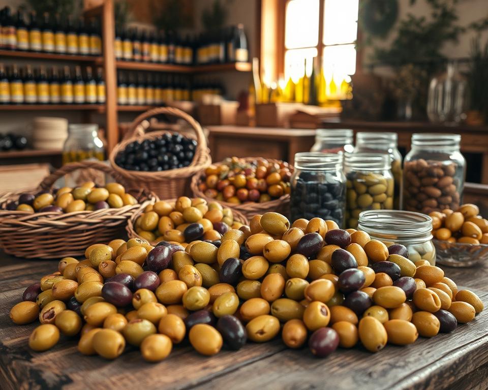 A rustic setting showcasing various olive storage techniques, featuring a wooden table in the foreground laden with fresh olives of different ripeness and sizes. In the middle, display traditional baskets filled with olives, surrounded by glass jars of brined olives. The background features a rustic pantry with shelves lined with olive oil bottles and dried herbs, softly lit by warm, natural light coming through a window. The scene evokes a sense of tranquility and craftsmanship, emphasizing the care taken in post-harvest handling of olives. Use a soft focus effect on the background to draw attention to the diverse olives in the foreground. Aim for a warm, inviting atmosphere that highlights the art of olive storage.