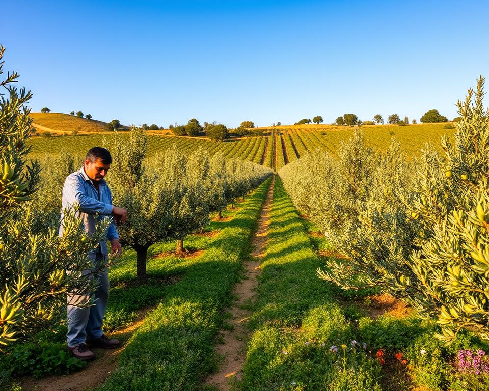 A serene and sunlit olive grove depicting sustainable farming practices. In the foreground, a farmer in modest casual clothing is carefully pruning olive trees, emphasizing organic techniques. The middle ground features rows of lush, green olive trees, some with protective cover crops of clover and wildflowers interspersed, promoting biodiversity. The background shows a gentle hillside dotted with rows of trees, under a clear blue sky with the soft glow of sunlight highlighting the leaves. Warm, natural light creates a tranquil and harmonious atmosphere, inviting viewers to appreciate the eco-friendly approach to olive farming. Capture the scene with a slight aerial angle to showcase the landscape and the detailed care in the olive farming practices. A serene and sunlit olive grove depicting sustainable farming practices. In the foreground, a farmer in modest casual clothing is carefully pruning olive trees, emphasizing organic techniques. The middle ground features rows of lush, green olive trees, some with protective cover crops of clover and wildflowers interspersed, promoting biodiversity. The background shows a gentle hillside dotted with rows of trees, under a clear blue sky with the soft glow of sunlight highlighting the leaves. Warm, natural light creates a tranquil and harmonious atmosphere, inviting viewers to appreciate the eco-friendly approach to olive farming. Capture the scene with a slight aerial angle to showcase the landscape and the detailed care in the olive farming practices.