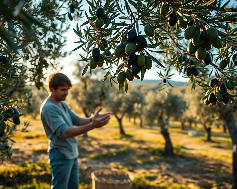 A serene olive grove at dawn, showcasing the moment of harvesting olives. In the foreground, a focused individual in modest casual clothing gently picks ripe olives from a tree, their hands outstretched towards the glossy fruit. The middle ground features olive trees laden with clusters of glistening black and green olives, some falling into woven baskets below. Sunlight filters through the leaves, casting soft, dappled shadows on the ground. In the background, rolling hills stretch out, bathed in warm golden light, and a clear blue sky enhances the tranquil atmosphere. Capture this scene with a shallow depth of field to draw attention to the harvesting process while keeping the grove softly blurred, instilling a sense of peacefulness and dedication to the task.