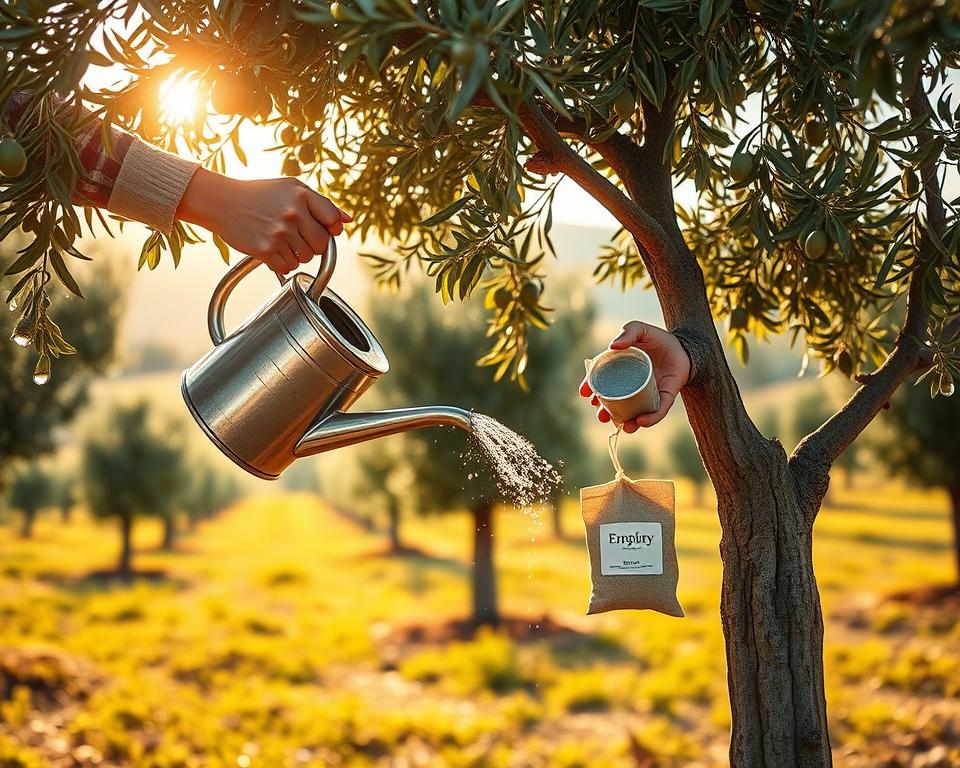 A serene olive grove bathed in warm afternoon sunlight, focusing on a lush green olive tree with rich, textured bark. In the foreground, a gardener in modest casual clothing gently waters the tree using a vintage watering can, while in another hand, holds a small bag of organic fertilizer ready to sprinkle around the base of the tree. The scene captures the delicate act of nourishment, with droplets glistening in the sunlight. In the middle ground, several olive trees can be seen in neat rows, emphasizing their healthy, vibrant foliage. The background features a soft-focus landscape of rolling hills, enhancing the peaceful atmosphere of agricultural care. The lighting is soft yet bright, creating a hopeful and nurturing mood.