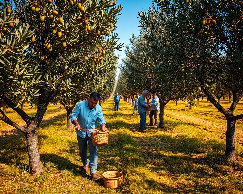 A serene olive grove during harvest season, showcasing olive trees heavy with ripe fruit. In the foreground, a farmer in modest casual clothing carefully uses a hand-held rake to gather olives into a basket. In the middle ground, several workers collaborate, gently shaking the branches to release the fruits, highlighting traditional harvesting techniques. The background features rows of olive trees bathed in warm, golden sunlight, casting soft shadows on the ground. A clear blue sky adds to the vibrant atmosphere of a productive day in the olive orchard. The overall mood is one of efficiency and cooperation, emphasizing the beauty and importance of olive harvest time. The image should have a soft focus on the background, with sharp detail on the harvesting process, capturing the essence of agricultural productivity.