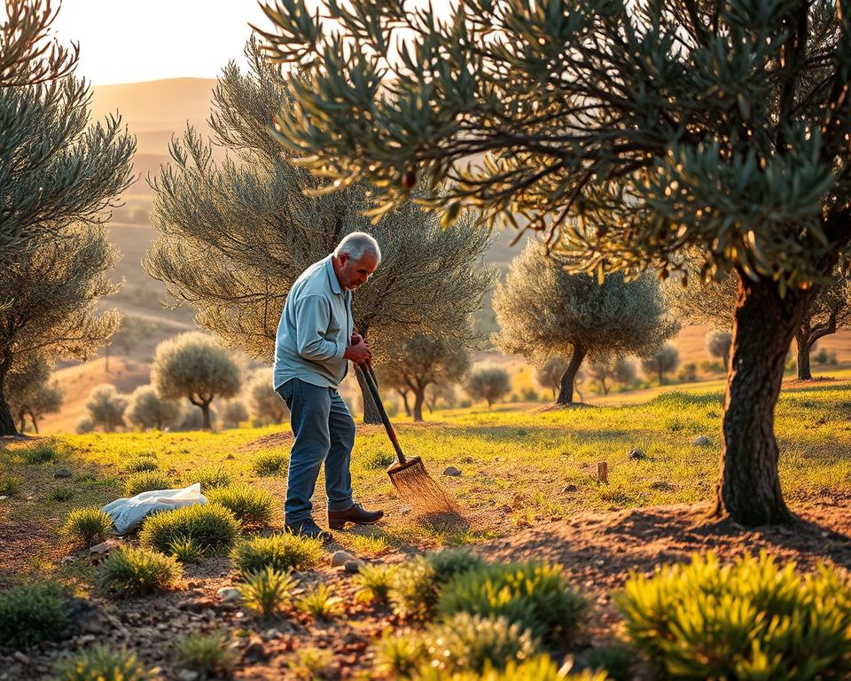 A serene olive grove during the golden hour, showcasing effective olive tree fertilization techniques. In the foreground, a gardener in modest casual clothing carefully spreads organic fertilizer around the base of an olive tree, using a hand tool with precision. The middle ground features lush olive trees, their silvery-green leaves glistening as sunlight filters through the branches. In the background, rolling hills dotted with more olive trees extend into the distance, bathed in warm, soft light. The scene conveys a peaceful agricultural atmosphere, emphasizing the care and dedication required for healthy olive cultivation. The angle is slightly elevated, providing a comprehensive view of the fertilization process.