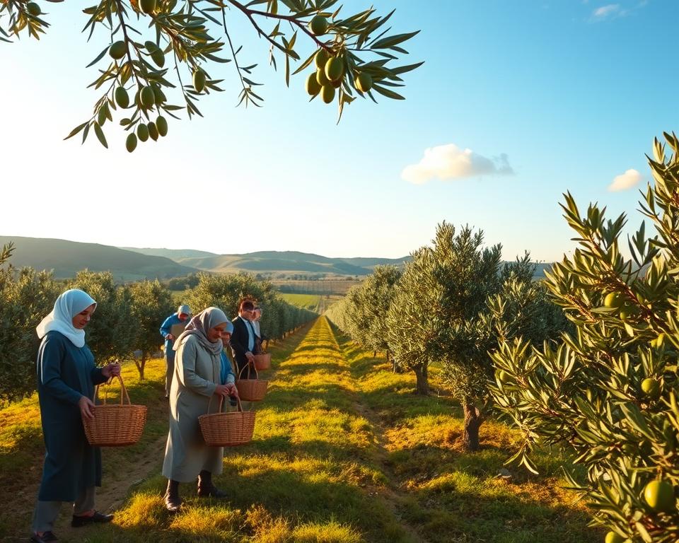 A serene olive grove during the golden hour, showcasing sustainable harvesting practices. In the foreground, a diverse group of individuals wearing modest, professional clothing is gently hand-picking ripe olives from the trees, using traditional woven baskets to collect the fruit. In the middle ground, rows of healthy olive trees stretch out, displaying lush green leaves and abundant olives, emphasizing organic cultivation. The background features rolling hills and a soft blue sky, dotted with fluffy white clouds. Natural lighting casts a warm, inviting glow over the scene, creating an atmosphere of harmony and sustainability. The composition emphasizes the connection between people and nature, promoting the essence of responsible farming practices.