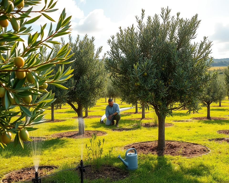 A serene olive grove featuring self-pollinating olive trees, showcasing various watering techniques in the foreground. Include vibrant green leaves and ripe, glistening olives on the branches, while the ground is meticulously organized with a small drip irrigation system and watering cans. In the middle ground, a gardener in modest casual attire kneels beside a tree, gently applying water with care, surrounded by lush grass and healthy soil. The background reveals gently rolling hills under a bright blue sky with soft, fluffy clouds, casting warm, natural light across the scene. The atmosphere is tranquil and harmonious, emphasizing the ease of care for these hardy trees, perfect for effortless olive growing. Capture this image with a slight upward angle, focusing on both the trees and the gardener's nurturing approach.