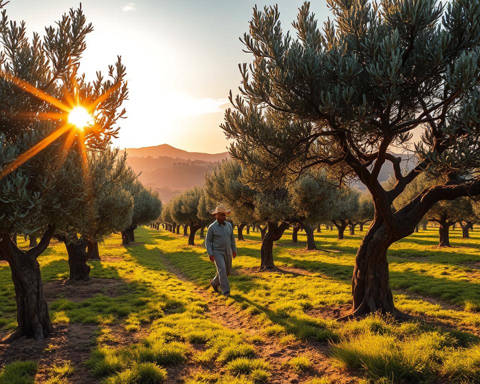 A serene olive grove in Greece during golden hour, with sunlight filtering through the lush green leaves, casting intricate shadows on the ground. In the foreground, a farmer, dressed in modest casual clothing, gently tends to olive trees, showcasing traditional cultivation techniques. The middle ground features rows of mature olive trees, their gnarly trunks and silvery leaves reflecting the sunlight. In the background, rolling hills dotted with various olive cultivars create a picturesque landscape. The sky is a warm blend of oranges and pinks, enhancing the tranquil and inviting atmosphere of this classic agricultural scene. Capture the essence of Greek olive cultivation, highlighting the harmony between nature and sustainable farming practices.