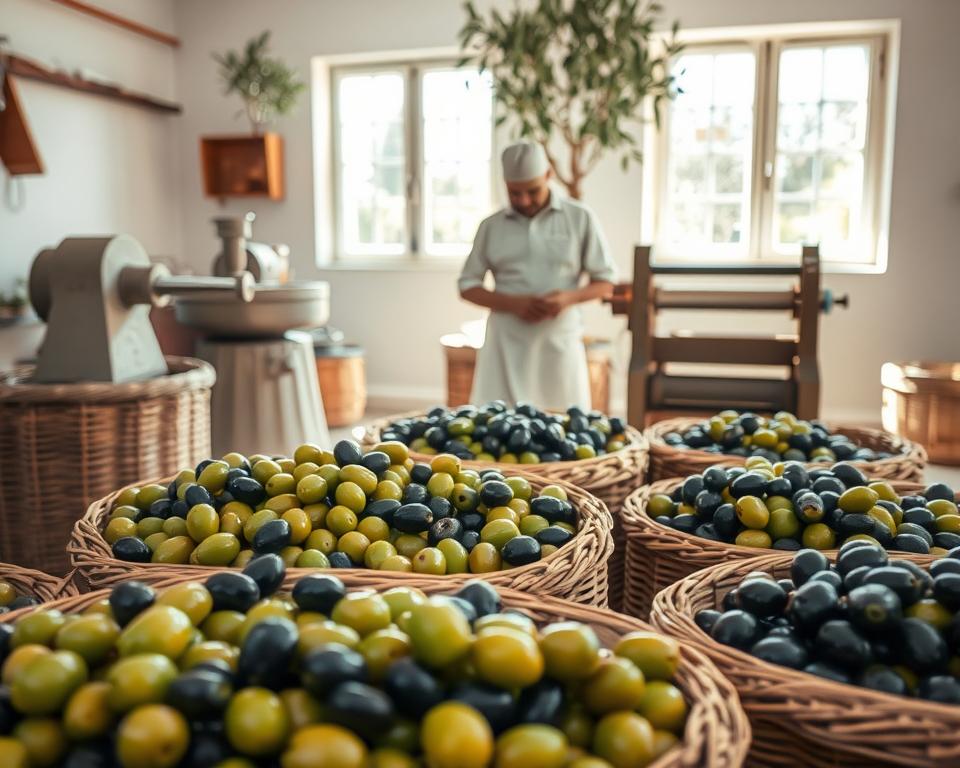 A serene olive oil extraction workshop in bright, natural light. In the foreground, neatly arranged, ripe green and black olives are displayed in wicker baskets, showcasing their glossy textures and rich colors. The middle ground features an artisan, wearing a white apron and modest clothing, inspecting the olives with focused attention, surrounded by traditional extraction equipment such as a stone mill and hydraulic press. In the background, olive trees can be seen through a large window, symbolizing the source of the olives. The overall atmosphere is tranquil and industrious, with soft, warm lighting emphasizing the natural elements, creating an inviting environment that highlights the artisanal process of preparing olives for extraction.