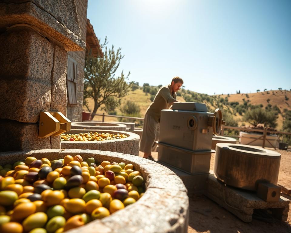 A serene, sun-drenched olive mill scene in the foreground, featuring traditional stone milling equipment and fresh olives being processed. In the middle ground, a skilled worker in modest casual clothing operates a modern, eco-friendly milling machine, showcasing a blend of ancient and contemporary techniques. The background reveals rolling hills dotted with olive trees under a clear blue sky, emphasizing sustainability. Soft, natural lighting enhances the textures of the olives and the machinery, giving the image a warm, inviting atmosphere. Shot from a low angle to capture the details and depth, with a focus on the harmony between nature and technology in olive oil production. The overall mood emphasizes commitment to sustainable practices in milling techniques.