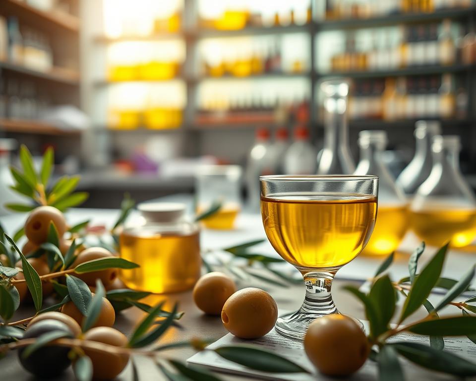 A sophisticated ambiance depicting the scientific process of olive oil aroma detection. In the foreground, a glass tasting cup filled with golden olive oil, surrounded by fresh olives and vibrant herbs, emphasizing richness and freshness. In the middle ground, a laboratory setup featuring a sensory evaluation table with tasting notes and glass beakers, conveying a sense of professional analysis. The background showcases shelves filled with various olive oil bottles, softly blurred to keep focus on the foreground. The scene is illuminated by warm, natural light, creating an inviting and expert atmosphere. The perspective is slightly overhead, offering an overview of the entire setup, evoking a sense of depth and complexity in flavor perception.