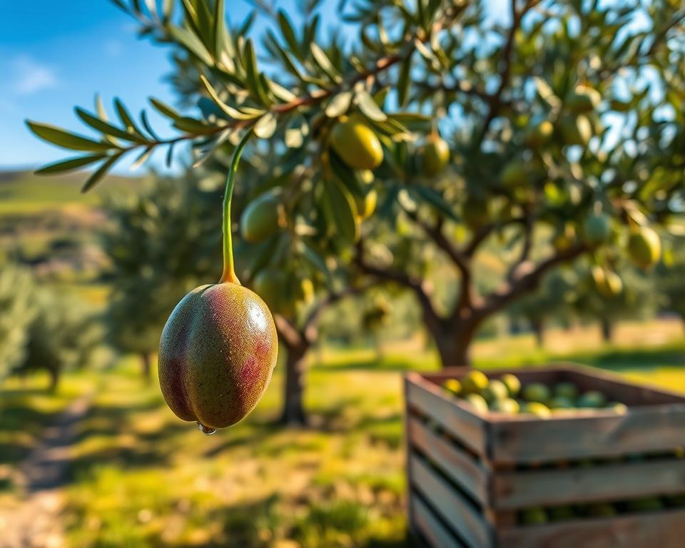 A sunlit olive grove, showcasing self-pollinating olive trees laden with ripe, glistening olives. In the foreground, a close-up of a mature olive fruit, showcasing its vibrant green and purple hues, with dewdrops catching the light. The middle ground features several olive trees, their leaves rustling gently in a warm breeze, while a rustic wooden crate filled with freshly picked olives sits nearby. In the background, rolling hills dotted with more olive groves under a clear blue sky, emphasizing the serene, pastoral atmosphere. Soft, natural lighting enhances the lush greenery and the golden tones of the olives, evoking a sense of harmony and bountiful production. Shot with a shallow depth of field to create an inviting, focused composition.