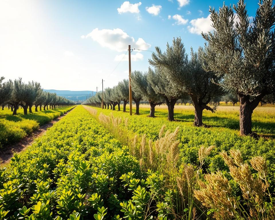 A sunlit olive orchard with rows of vibrant green olive trees at various growth stages, interplanted with lush cover crops like clover and vetch, creating a biodiversity-rich environment. In the foreground, a healthy patch of cover crops fills the scene with a variety of textures and colors. The middle ground features well-maintained olive trees, their gnarled trunks and silvery leaves glowing in the soft natural light. The background reveals a distant blue sky with scattered white clouds, hinting at an idyllic Mediterranean landscape. The scene is captured from a slightly elevated angle, emphasizing the interplay between the cover crops and the olive trees, evoking a sense of harmony and sustainable farming practice. The mood is serene and fertile, encapsulating the essence of an ideal olive-growing environment.