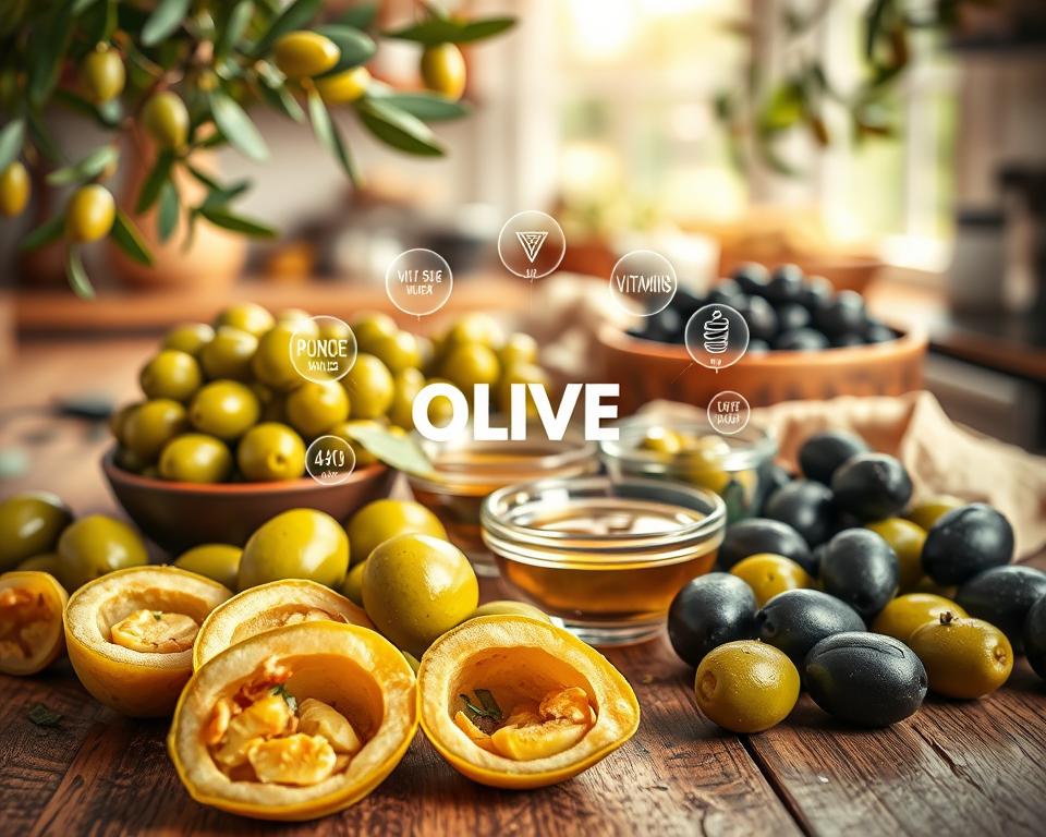 A vibrant and informative composition showcasing the nutritional benefits of dual-purpose olives, centered on a wooden table adorned with an array of fresh green and black olives in various stages of preparation. In the foreground, a close-up of sliced olives revealing their rich, fleshy interior, alongside small bowls of olive oil and olives sprinkled with herbs. The middle layer features an elegant display of nutritional elements, such as vitamins and minerals, artistically arranged around the olives. The background is softly blurred with a rustic kitchen ambiance, featuring olive branches and sunlight streaming through a nearby window, creating a warm and inviting atmosphere. The lighting highlights the glossy texture of the olives, enhancing their appeal.