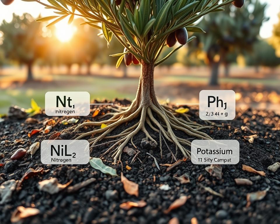 A vibrant and informative illustration of nutrients essential for olive trees, showcasing a close-up of rich, dark soil with scattered organic materials like decomposed leaves and compost. In the foreground, visually appealing labels indicating key nutrients like nitrogen, phosphorus, and potassium are integrated with realistic graphical representations of their chemical symbols. The middle layer features healthy olive tree roots visibly absorbing these nutrients, while vibrant green leaves sprout above, catching soft sunlight. The background should have a serene olive orchard, with softly blurred olive trees basking under a warm, golden hour glow, creating a peaceful atmosphere. Use a shallow depth of field to highlight the foreground details while maintaining a dreamy, inviting ambiance.