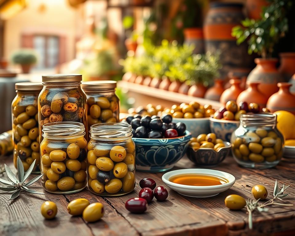 A vibrant display of Spanish olive products arranged artistically on a rustic wooden table. In the foreground, various jars filled with green and black olives marinated in herbs and spices, glistening under soft, natural light. A few olives are scattered nearby along with a small dish of olive oil, reflecting a golden sheen. In the middle ground, decorative bowls featuring different olive varieties add depth, showcasing their textures and colors. The background transitions into an inviting Spanish market scene, with faded terracotta pots and fresh herbs peeking through. Warm, golden sunlight filters through, creating a cozy and inviting atmosphere that captures the essence of Mediterranean life. The overall mood is vibrant and inviting, perfect for highlighting the rich flavors of Spanish olives.
