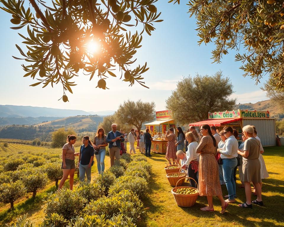 A vibrant olive festival set in a picturesque hillside vineyard, featuring rows of lush olive trees under a golden afternoon sunlight. In the foreground, a diverse group of people in modest casual clothing joyfully participate in olive picking, gathering shiny, ripe olives into baskets. The middle ground showcases colorful festival stalls adorned with olive-themed decorations and products, while musicians play traditional folk music. In the background, rolling hills and blue skies enhance the festive atmosphere, evoking a sense of community and celebration. The image is captured with a warm, soft focus lens, rendering a lively and inviting mood that highlights the artisanal craft of olive picking.