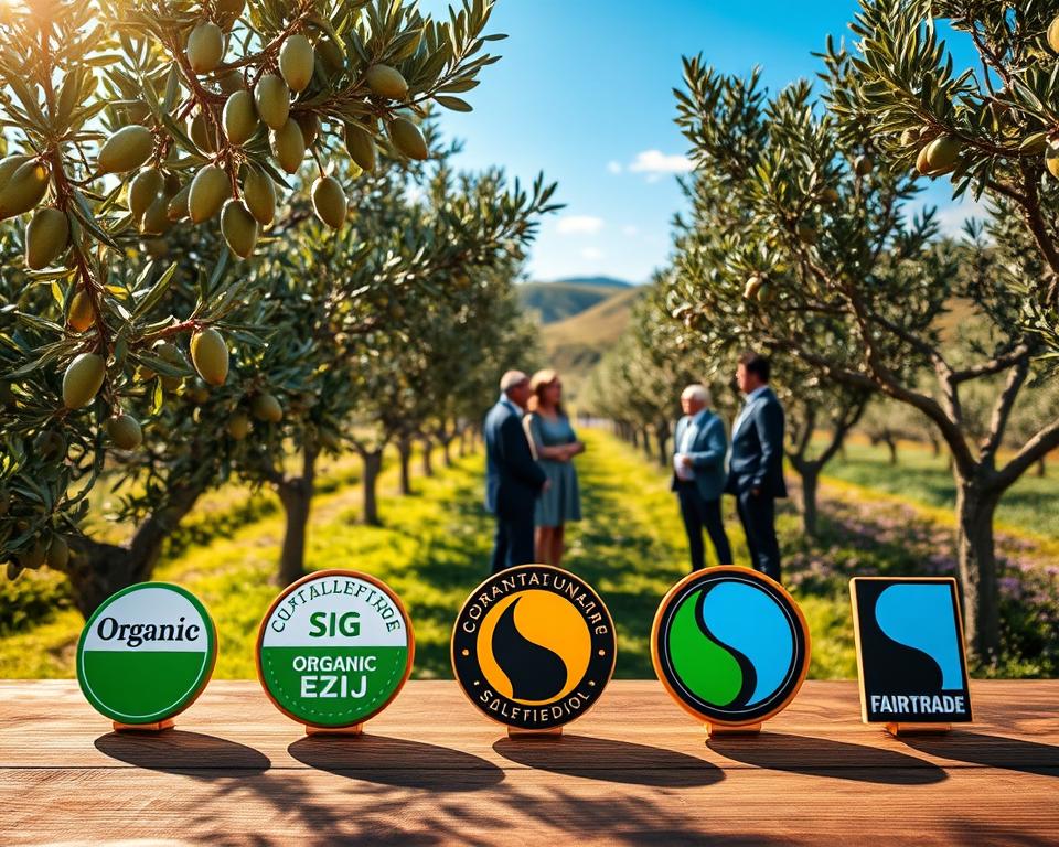 A vibrant olive grove under a clear blue sky, showcasing rows of healthy olive trees laden with ripe fruit. In the foreground, a wooden table displays various sustainable olive oil certification seals, ranging from organic to fair trade, intricately designed with earthy tones. Gentle sunlight filters through the leaves, casting a warm glow on the scene, evoking a sense of tranquility and eco-friendliness. In the middle ground, a group of professional individuals in business attire discuss the implications of these certifications, engaged in lively conversation. The background features rolling hills and patches of wildflowers, emphasizing the natural, sustainable environment of olive cultivation. The mood is positive and hopeful, illustrating a commitment to sustainable practices in the olive oil industry.