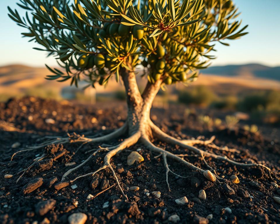 A vibrant olive tree thriving in a nutrient-rich soil setting, with close-up details showcasing the texture and composition of the earth. Foreground features include dark, loamy soil mixed with organic matter, small pebbles, and roots extending into the ground. The middle layer displays a healthy olive tree with glossy leaves and ripe olives, bathed in warm, golden sunlight that highlights its bark. In the background, a soft-focus landscape of rolling hills and a clear blue sky, suggesting a Mediterranean climate, creates a serene atmosphere. The overall lighting is soft and inviting, reminiscent of a late afternoon, and the image is captured from a low angle to emphasize the tree’s stature and the richness of the soil beneath it.