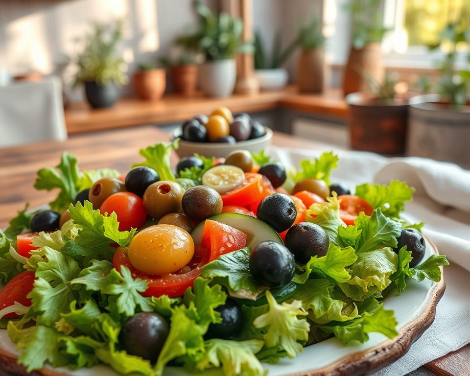 A vibrant salad showcasing pickled olives prominently in the foreground, intertwined with fresh green lettuce, ripe cherry tomatoes, and thin slices of cucumber. The olives, glistening with a light sheen, vary in color from deep green to black, creating an inviting contrast. In the middle ground, a rustic wooden table with a small dish of various pickled olives complements the salad, while a crisp white cloth gently drapes across the edge. The background features soft-focus elements such as a sunlit kitchen with herbs in pots and a window casting gentle, warm light, evoking a homely atmosphere. The angle captures the viewer slightly above the salad, enticingly displaying the textures and colors. The overall mood is fresh, bright, and appetizing, highlighting the versatility of pickled olives in salads. A vibrant salad showcasing pickled olives prominently in the foreground, intertwined with fresh green lettuce, ripe cherry tomatoes, and thin slices of cucumber. The olives, glistening with a light sheen, vary in color from deep green to black, creating an inviting contrast. In the middle ground, a rustic wooden table with a small dish of various pickled olives complements the salad, while a crisp white cloth gently drapes across the edge. The background features soft-focus elements such as a sunlit kitchen with herbs in pots and a window casting gentle, warm light, evoking a homely atmosphere. The angle captures the viewer slightly above the salad, enticingly displaying the textures and colors. The overall mood is fresh, bright, and appetizing, highlighting the versatility of pickled olives in salads.