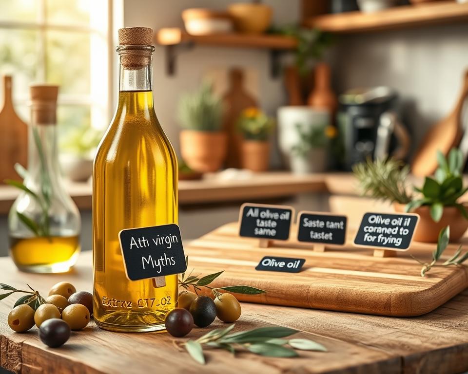 A visually striking and informative scene depicting the theme "Olive Oil Myths Debunked". In the foreground, a beautiful glass bottle of extra virgin olive oil stands elegantly, surrounded by fresh olives and herbs, symbolizing purity and flavor. The middle ground features a wooden cutting board displaying common olive oil myths on small chalkboard signs, such as "All olive oils taste the same" and "Olive oil cannot be used for frying", represented with artistic flair. In the background, a soft-focus kitchen setting bathed in warm, natural light, with plants and cooking tools enhancing the atmosphere of a culinary haven. The overall mood is educational yet inviting, inspiring curiosity and conversation among viewers about the truths behind olive oil. The composition should be well-lit, ensuring clarity and vibrance, resembling a lifestyle photography style that draws readers in.