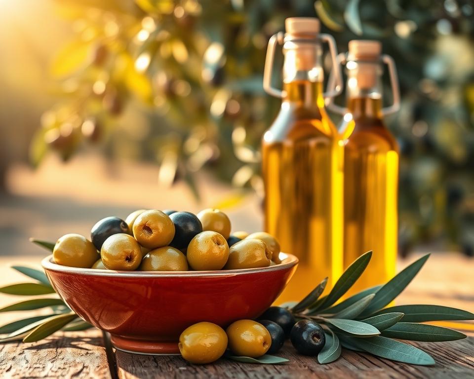 A visually striking arrangement of fresh olives and a bottle of golden olive oil on a rustic wooden table. In the foreground, shiny green and black olives displayed in an elegant ceramic bowl, glistening with drops of olive oil. The middle ground features the bottle of olive oil, catching the light, reflecting its rich color and texture. In the background, soft-focus olive trees sway gently under a warm, golden sunlight, creating a serene and inviting atmosphere. The scene is infused with warm tones to evoke a sense of health and vitality, highlighting the nutritional benefits of olives. A slight lens flare enhances the freshness and warmth of the composition, suggesting the wholesome, natural qualities of olives and their oil.