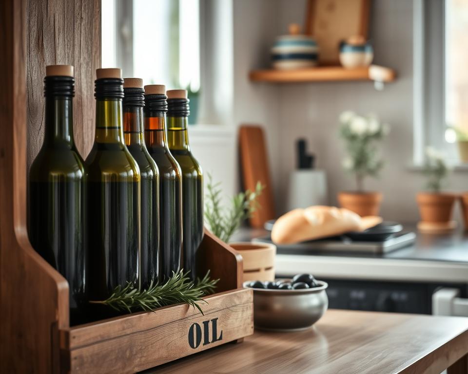 An elegant kitchen scene showcasing olive oil storage tips. In the foreground, a rustic wooden shelf holds several dark glass bottles of high-quality olive oil, each with unique shapes and sizes. A small open wooden crate nearby contains fresh herbs like rosemary and thyme. In the middle ground, a kitchen counter adorned with a fresh loaf of bread and a tiny bowl of olives adds a culinary touch. The background features soft natural light streaming through a window, highlighting a few potted olive trees on the windowsill. The atmosphere is warm and inviting, conveying a sense of freshness and health, perfect for illustrating the importance of proper olive oil storage in a culinary context. The angle is slightly tilted to create depth, capturing the essence of a harmonious kitchen environment.