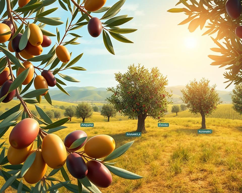 An informative and engaging illustration of various olive tree varieties, showcasing their estimated yields in a lush orchard setting. In the foreground, feature a variety of ripe olives on tree branches, highlighting their distinct colors and textures. In the middle ground, depict several olive trees labeled with their types—such as Arbequina, Manzanilla, and Koroneiki—displaying healthy foliage and fruit clusters. The background should include rolling hills under a bright blue sky with soft, diffused sunlight filtering through, creating a warm, inviting atmosphere. Use a slight low-angle perspective to emphasize the height of the trees while maintaining a focus on the olives. The scene should convey a sense of abundance and agricultural richness, ideal for educational purposes.