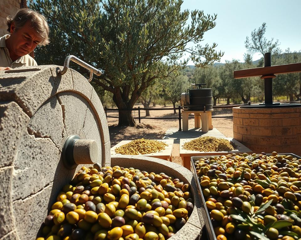 An olive milling process scene, showcasing traditional techniques in action. In the foreground, a skilled worker, dressed in modest casual attire, operates a stone mill with large, rough stone wheels turning slowly over harvested olives. The rich, earthy colors of the olives glistening in the light create a vibrant contrast. In the middle, wooden tables are scattered with freshly crushed olive paste and leaves, while an olive press stands ready nearby. The background features lush olive trees under a bright, sunny sky, casting gentle shadows, creating a warm and inviting atmosphere. Natural lighting illuminates the scene, capturing the essence of artisanal milling techniques. The angle is slightly elevated, providing a comprehensive view of the milling process, emphasizing craftsmanship and dedication to producing exceptional olive oil.