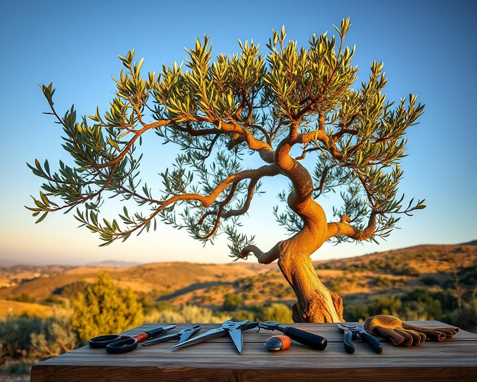 An olive tree expertly shaped into a natural, elegant form, with twisted branches and a lush canopy, dominating the foreground. In the middle, various pruning tools, such as shears and gloves, are artfully arranged on a wooden table, emphasizing the art of shaping. The background features a serene Mediterranean landscape, with rolling hills and a clear blue sky illuminated by the golden light of late afternoon, casting soft shadows. The atmosphere is peaceful and inviting, suggesting a sense of mastery and care in horticulture. Use natural lighting to enhance the textures and colors of the tree and tools, and choose a slightly elevated angle to provide a comprehensive view of the olive tree's shape and the surrounding environment.