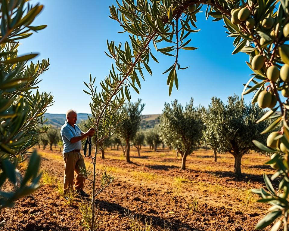 An olive tree farm during seasonal care, showcasing the vibrant green leaves glistening in bright sunlight. In the foreground, a gardener in modest casual clothing carefully tends to a young olive tree, pruning it with precision using shears. The middle ground features several mature olive trees, laden with fruit, framed by rich, fertile soil. In the background, rolling hills and a clear blue sky provide an idyllic Mediterranean landscape, enhancing the peaceful atmosphere. Soft, warm lighting emphasizes the golden hues of the olive leaves and earth. The scene captures the nurturing, dedicated spirit of seasonal care, stressing the importance of climate conditions in olive cultivation.