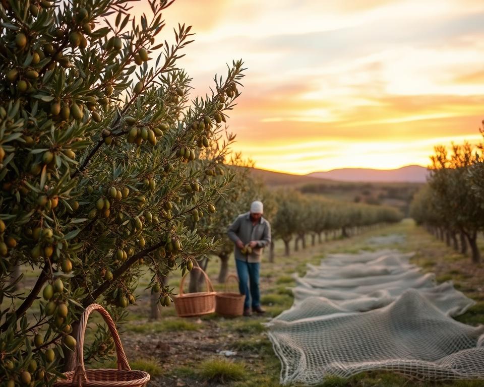 Harvesting olives during the golden hour, showcasing a traditional olive grove in the foreground with lush, green olive trees heavy with ripe olives. A farmer dressed in modest, casual clothing is shown carefully collecting olives in a woven basket, while another farmer gently shakes the branches to encourage fallen olives. In the middle ground, gathered nets catch the olives that have dropped, reflecting the labor-intensive harvesting process. The background features rolling hills and a vibrant sky painted in warm hues of orange and pink, emphasizing a serene and fulfilling atmosphere. Soft, diffused lighting creates a warm glow across the scene, capturing the essence of a bountiful harvest with a focus on organic textures and natural beauty.