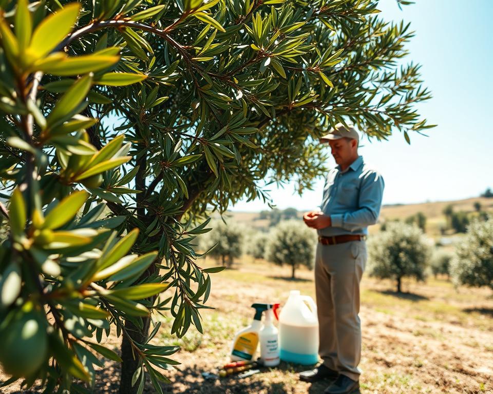 In a picturesque olive grove, a professional pest control expert in modest casual clothing examines a healthy olive tree, focusing on the leaves and fruits. The foreground shows lush green olive leaves with a few areas affected by pests discreetly depicted. In the middle ground, a small assortment of pest control tools like organic sprays and traps is artistically arranged around the base of the tree. In the background, sun-drenched hills with rows of olive trees stretch under a bright blue sky, conveying a sense of tranquility and productivity. The lighting is warm and inviting, creating a vibrant atmosphere of growth and care, highlighting the importance of pest control in achieving a successful olive harvest. The angle is slightly elevated, offering a comprehensive view of the scene. In a picturesque olive grove, a professional pest control expert in modest casual clothing examines a healthy olive tree, focusing on the leaves and fruits. The foreground shows lush green olive leaves with a few areas affected by pests discreetly depicted. In the middle ground, a small assortment of pest control tools like organic sprays and traps is artistically arranged around the base of the tree. In the background, sun-drenched hills with rows of olive trees stretch under a bright blue sky, conveying a sense of tranquility and productivity. The lighting is warm and inviting, creating a vibrant atmosphere of growth and care, highlighting the importance of pest control in achieving a successful olive harvest. The angle is slightly elevated, offering a comprehensive view of the scene.