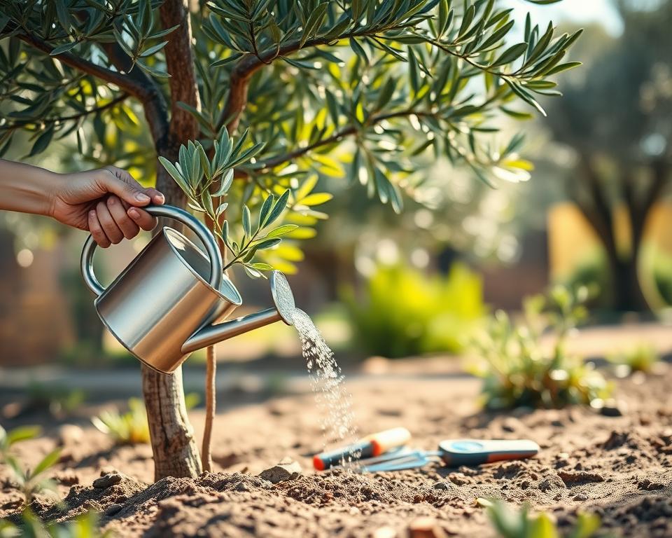 A serene garden setting showcasing an olive tree in its early growth stages, with rich, green leaves and a trunk showing signs of age. In the foreground, a pair of hands gently watering the young olive tree using a stylish watering can, emphasizing care and appreciation for the plant. In the middle ground, a variety of small garden tools like a trowel and soil moisture meter scattered around, suggesting an atmosphere of nurturing and attention. In the background, soft sunlight filters through the leaves, casting intricate shadows on the ground. The scene conveys a calm, peaceful mood, perfect for a beginner's guide on olive tree care, with vibrant colors and a shallow depth of field to focus on the tree and watering action. A serene garden setting showcasing an olive tree in its early growth stages, with rich, green leaves and a trunk showing signs of age. In the foreground, a pair of hands gently watering the young olive tree using a stylish watering can, emphasizing care and appreciation for the plant. In the middle ground, a variety of small garden tools like a trowel and soil moisture meter scattered around, suggesting an atmosphere of nurturing and attention. In the background, soft sunlight filters through the leaves, casting intricate shadows on the ground. The scene conveys a calm, peaceful mood, perfect for a beginner's guide on olive tree care, with vibrant colors and a shallow depth of field to focus on the tree and watering action.