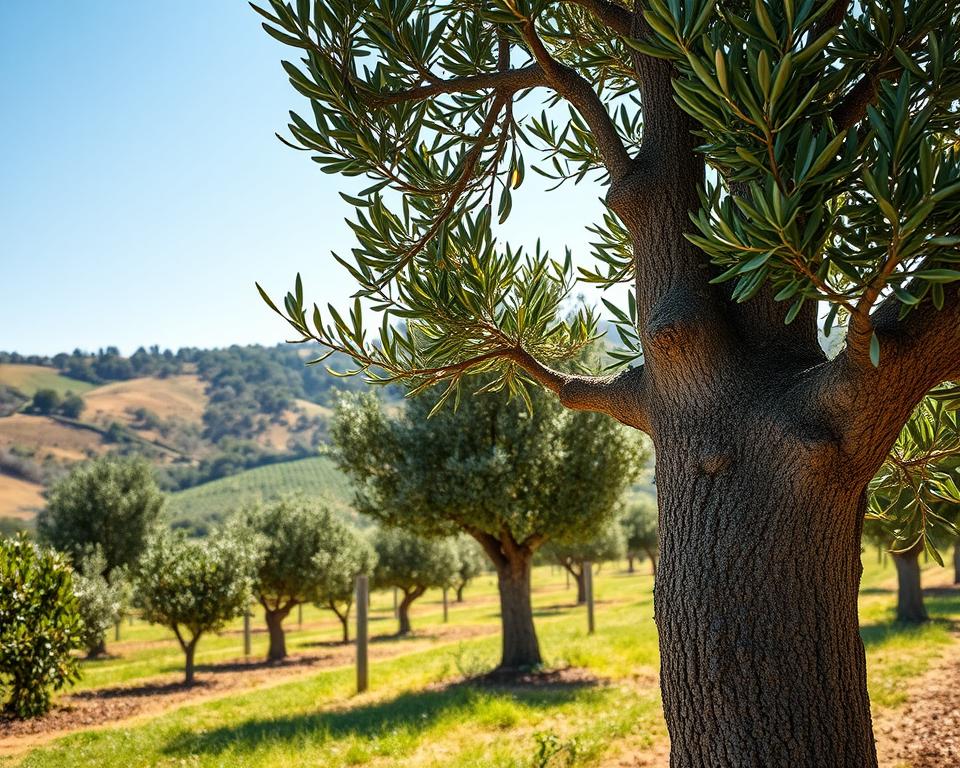 A vibrant and healthy olive tree stands prominently in the foreground, showcasing its robust trunk and lush green leaves, glistening under soft afternoon sunlight. The middle ground features a variety of olive trees, each exhibiting different disease-resistant varietals, surrounded by a well-tended orchard. In the background, rolling hills with a picturesque landscape are dotted with more olive trees and a clear blue sky, creating a serene atmosphere. The lighting casts gentle shadows, enhancing the textures of the bark and leaves. The scene conveys a sense of vitality and resilience, suitable for showcasing effective pest and disease management strategies. The angle captures a slightly elevated view, inviting the viewer into this thriving olive grove, emphasizing both health and care in olive cultivation. A vibrant and healthy olive tree stands prominently in the foreground, showcasing its robust trunk and lush green leaves, glistening under soft afternoon sunlight. The middle ground features a variety of olive trees, each exhibiting different disease-resistant varietals, surrounded by a well-tended orchard. In the background, rolling hills with a picturesque landscape are dotted with more olive trees and a clear blue sky, creating a serene atmosphere. The lighting casts gentle shadows, enhancing the textures of the bark and leaves. The scene conveys a sense of vitality and resilience, suitable for showcasing effective pest and disease management strategies. The angle captures a slightly elevated view, inviting the viewer into this thriving olive grove, emphasizing both health and care in olive cultivation.