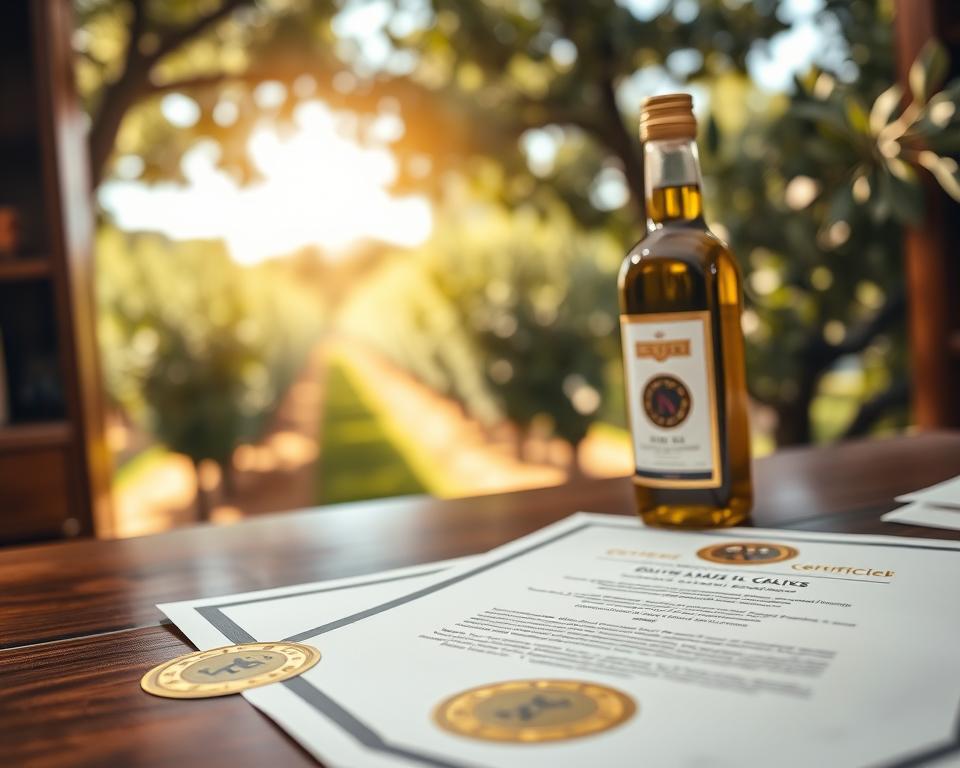 A visually striking close-up of olive oil certifications prominently displayed on an elegant wooden desk. In the foreground, a stylish, modern certification parchment with gold embossing is laid out, showcasing the quality assurance emblem alongside a pristine bottle of extra virgin olive oil. The middle ground features a lush green olive grove, subtly blurred, indicating the source of this premium product. In the background, soft natural sunlight filters through the trees, creating a warm and inviting ambiance. The atmosphere conveys professionalism and trust, highlighting the benefits of certified olive oil for producers, emphasizing quality and authenticity. Use soft focus for a smooth, harmonious look, mimicking a shallow depth of field with a warm color palette. A visually striking close-up of olive oil certifications prominently displayed on an elegant wooden desk. In the foreground, a stylish, modern certification parchment with gold embossing is laid out, showcasing the quality assurance emblem alongside a pristine bottle of extra virgin olive oil. The middle ground features a lush green olive grove, subtly blurred, indicating the source of this premium product. In the background, soft natural sunlight filters through the trees, creating a warm and inviting ambiance. The atmosphere conveys professionalism and trust, highlighting the benefits of certified olive oil for producers, emphasizing quality and authenticity. Use soft focus for a smooth, harmonious look, mimicking a shallow depth of field with a warm color palette.