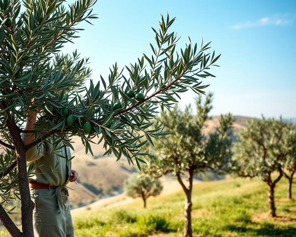 An olive tree in the foreground, showcasing various pruning techniques, including selective cutting and branch shaping with well-defined leaves and olives. A gardener dressed in modest casual clothing meticulously demonstrates proper pruning methods with hand tools, focusing on a healthy, disease-resistant olive tree structure. In the middle ground, additional olive trees display a range of growth stages, from young saplings to mature specimens, highlighting the importance of pruning in their development. The background features a softly lit landscape of rolling hills under a clear blue sky, exuding a peaceful, nurturing atmosphere. The scene is captured with a shallow depth of field, emphasizing the gardener's actions, with natural daylight illuminating the vibrant greenery of the trees. An olive tree in the foreground, showcasing various pruning techniques, including selective cutting and branch shaping with well-defined leaves and olives. A gardener dressed in modest casual clothing meticulously demonstrates proper pruning methods with hand tools, focusing on a healthy, disease-resistant olive tree structure. In the middle ground, additional olive trees display a range of growth stages, from young saplings to mature specimens, highlighting the importance of pruning in their development. The background features a softly lit landscape of rolling hills under a clear blue sky, exuding a peaceful, nurturing atmosphere. The scene is captured with a shallow depth of field, emphasizing the gardener's actions, with natural daylight illuminating the vibrant greenery of the trees.